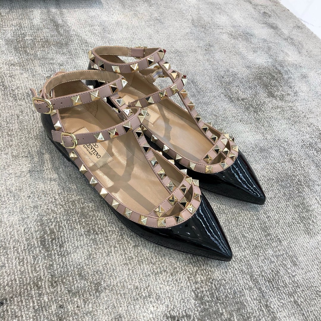 Valentino VT Collection Two Strap Flats Patent Leather Black