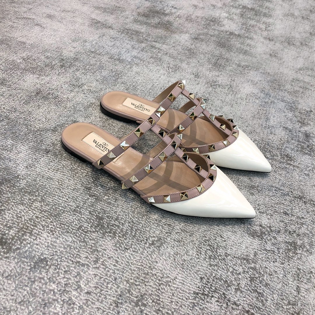 Valentino VT Collection Three Strap Flat Heel Slipper Patent Leather White