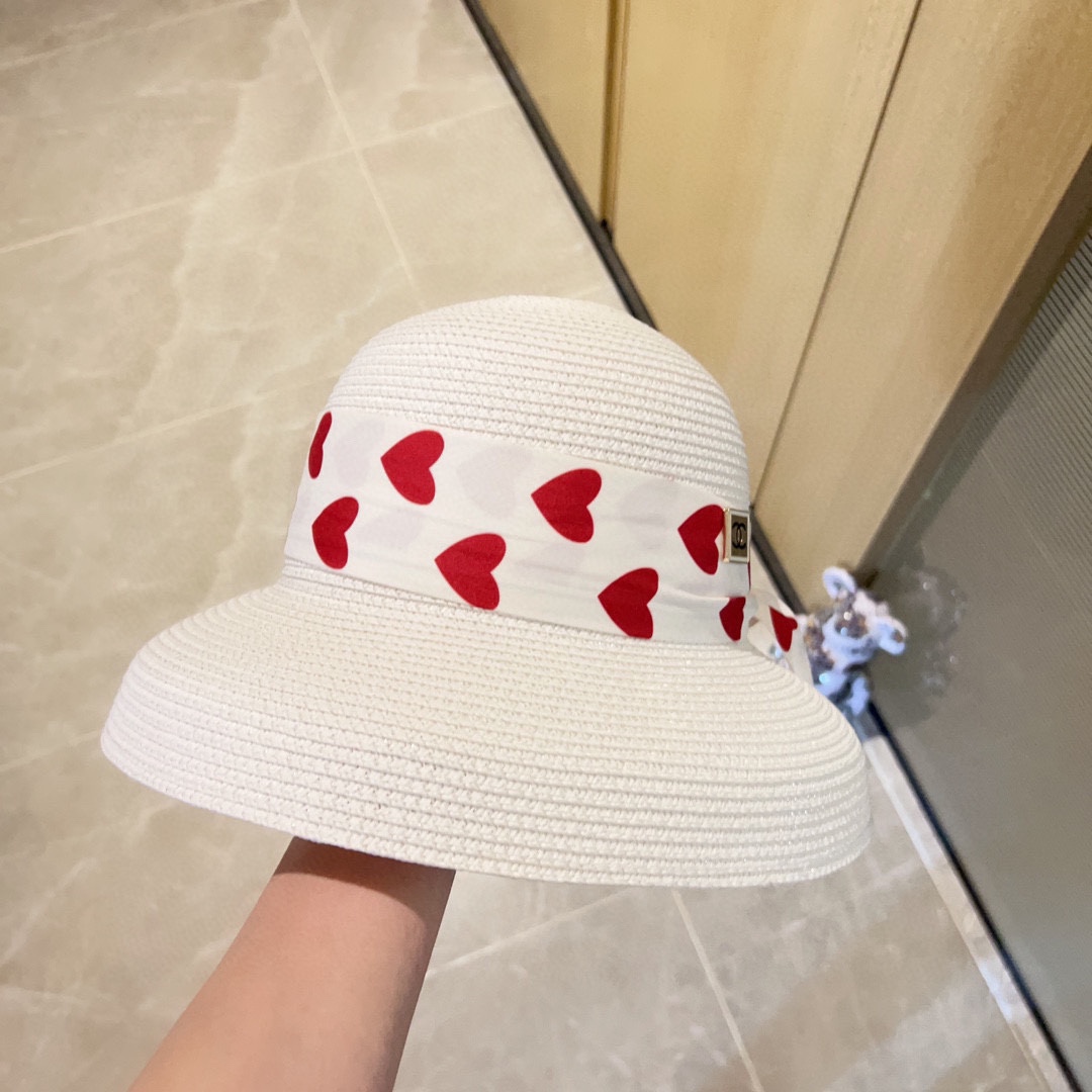 CHANEL Love Ribbon All-match Pot Hat Straw Hat