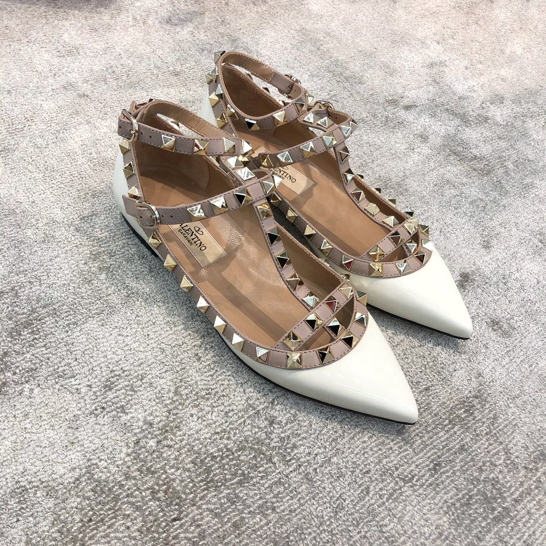 Valentino VT Collection Two Strap Flats Patent Leather White