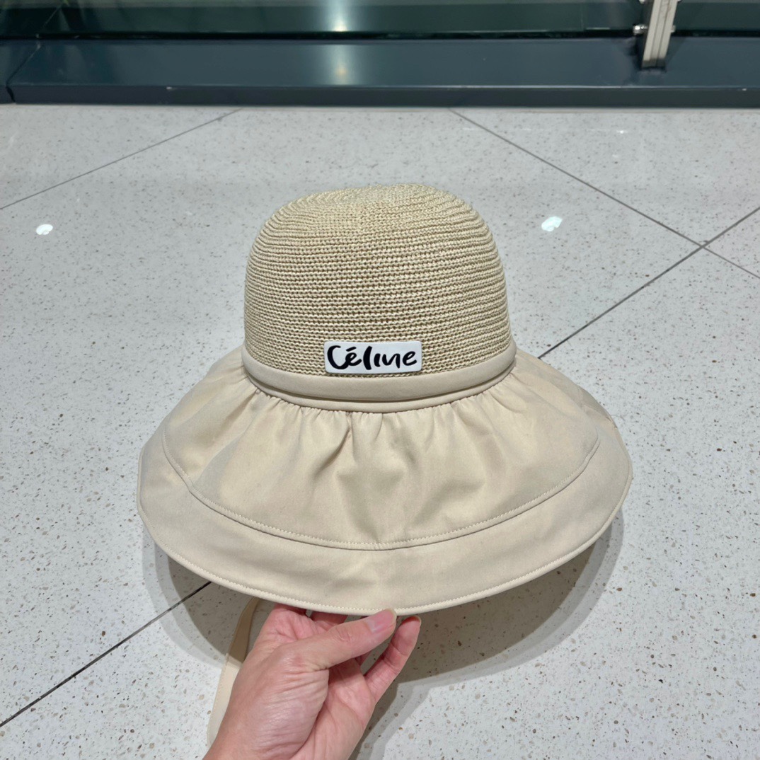 Celine summer new splicing large eaves sunshade fisherman hat outdoor sunscreen ice silk basin hat women