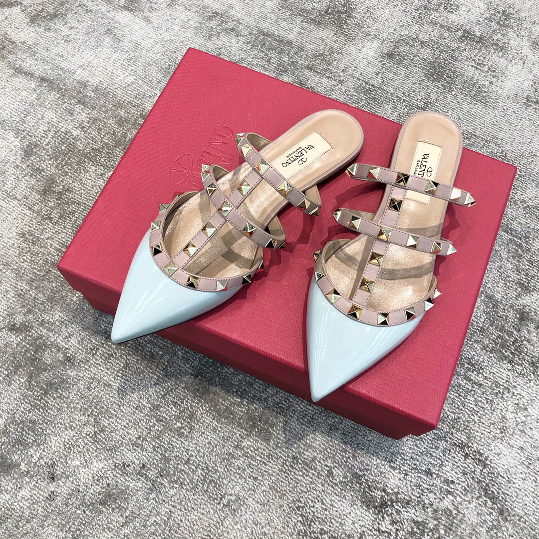 Valentino VT Collection Three Strap Flat Heel Slipper Patent Leather Blue