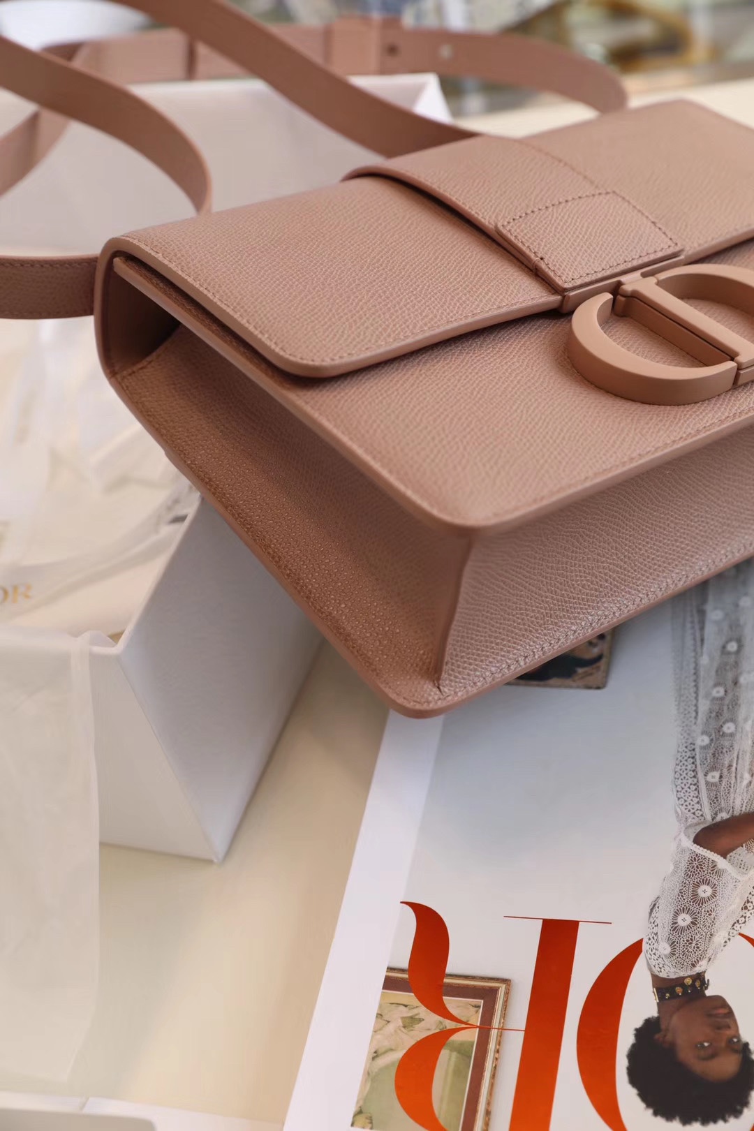 Montaigne palm print cow leather flap bag