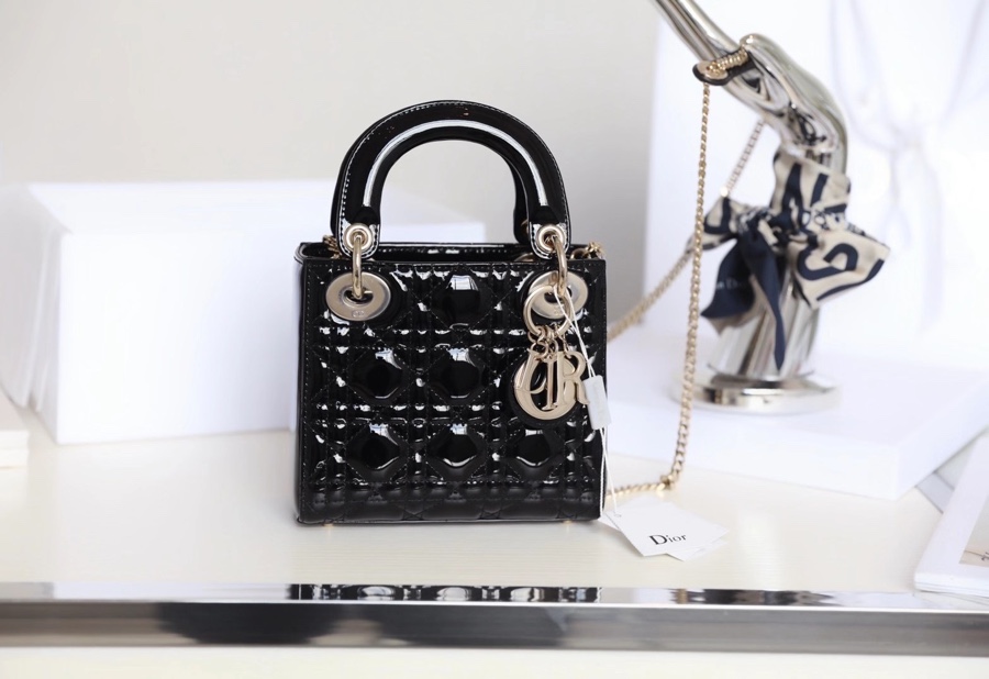 Black Gold  Lady Dior vine check patent leather cow leather mini handbag