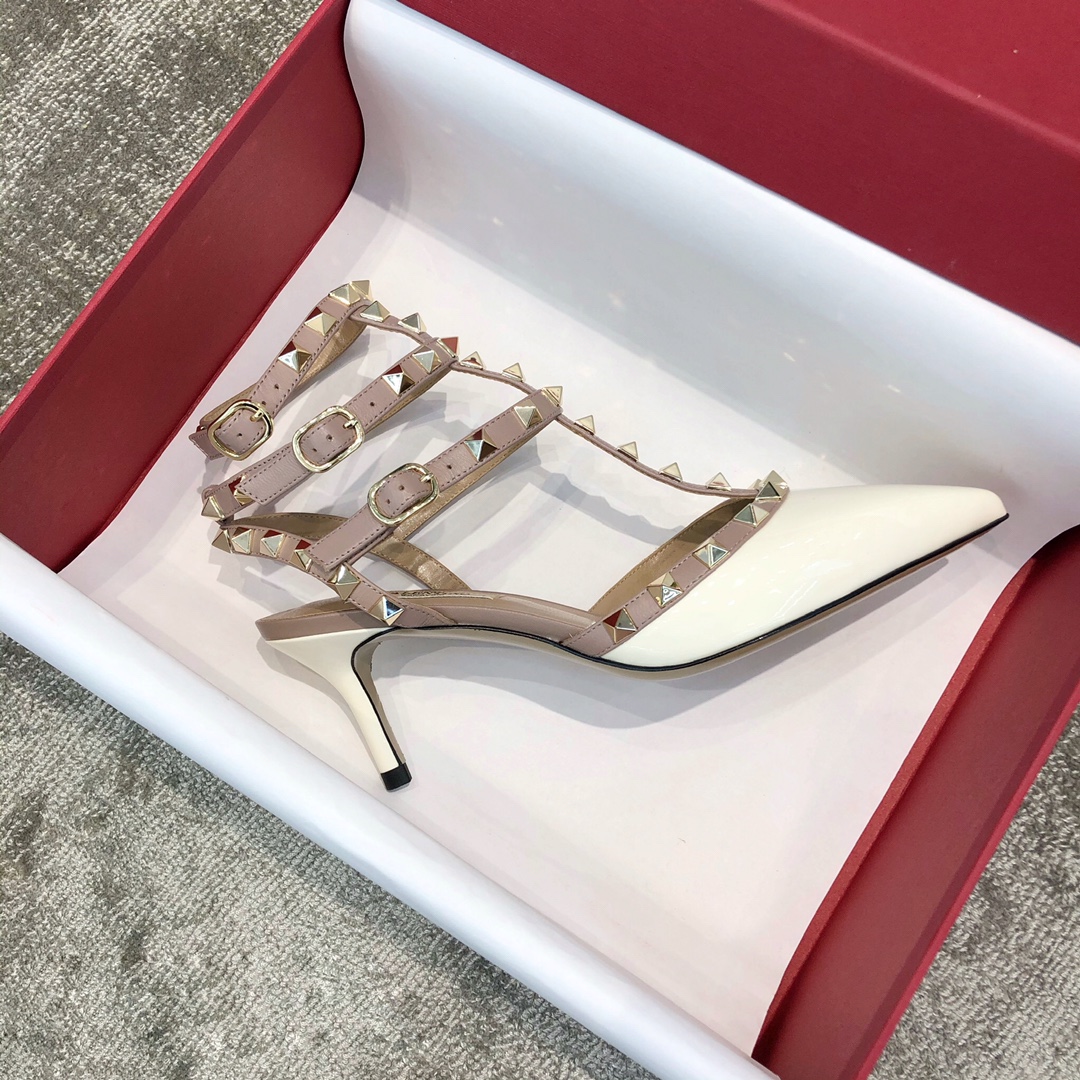 Valentino VT Collection Triple Strap Mid Heel 6.5cm Patent Leather White