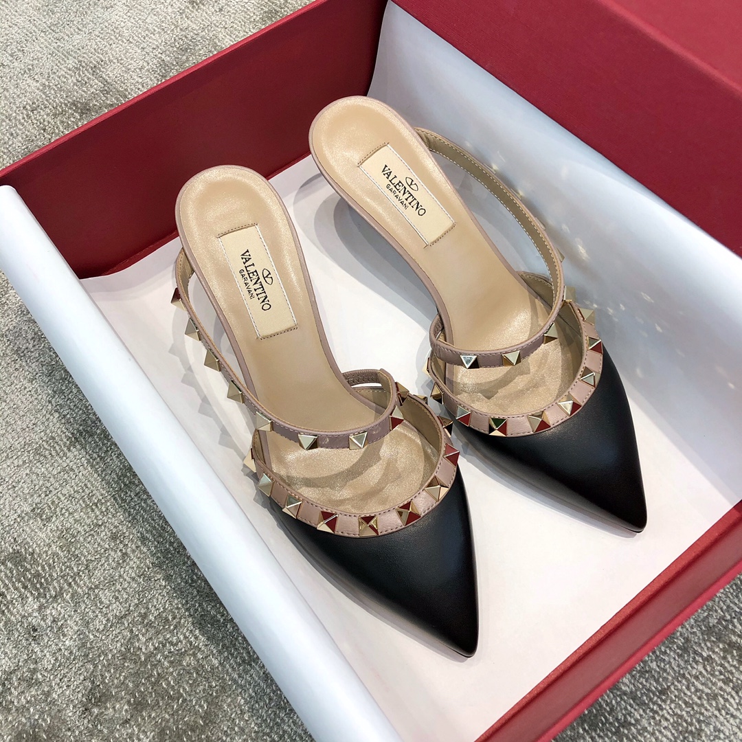 Valentino VT Collection One strap diagonal heel slipper 6.5CM Black nude laces