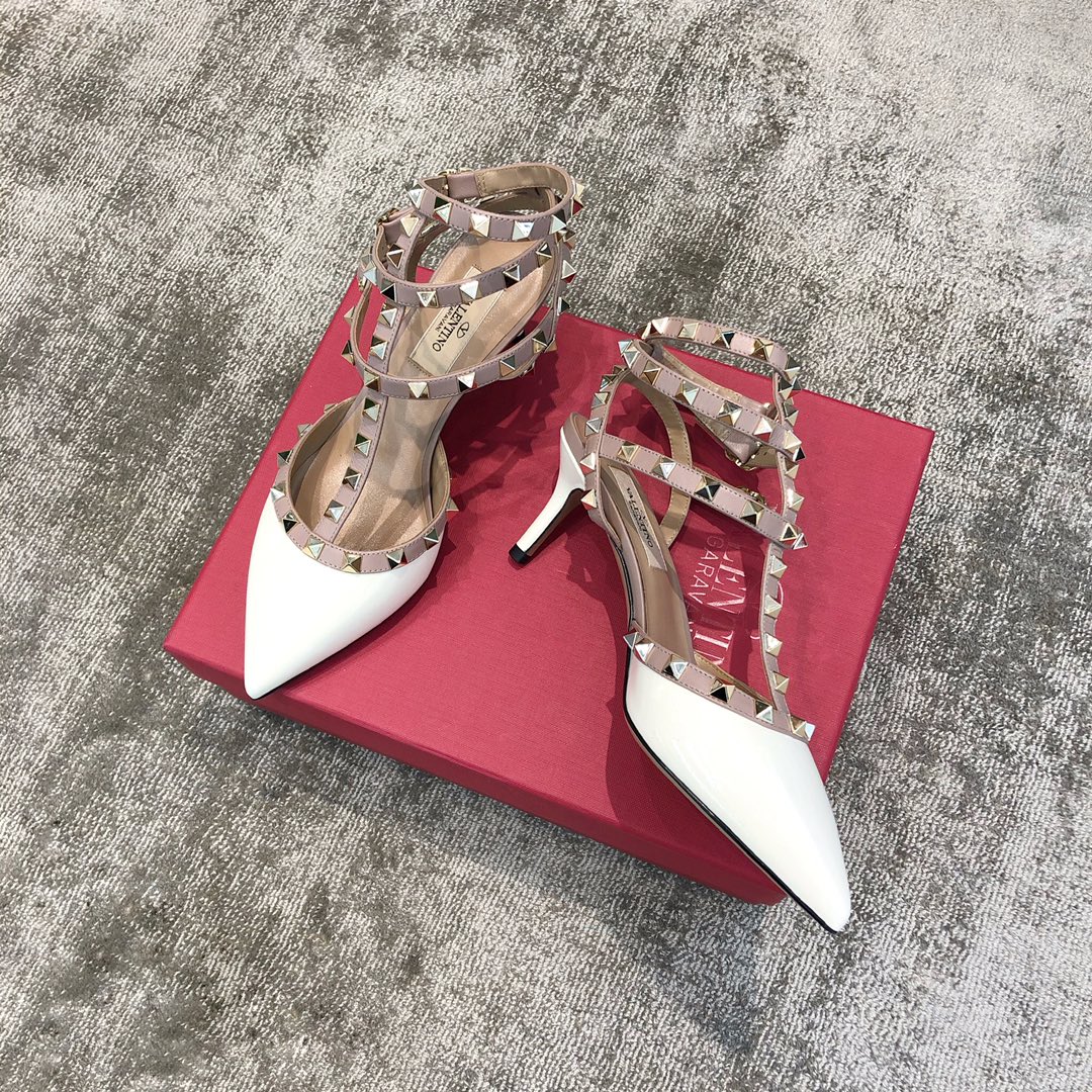 Valentino VT Collection Triple Strap Mid Heel 6.5cm Patent Leather White