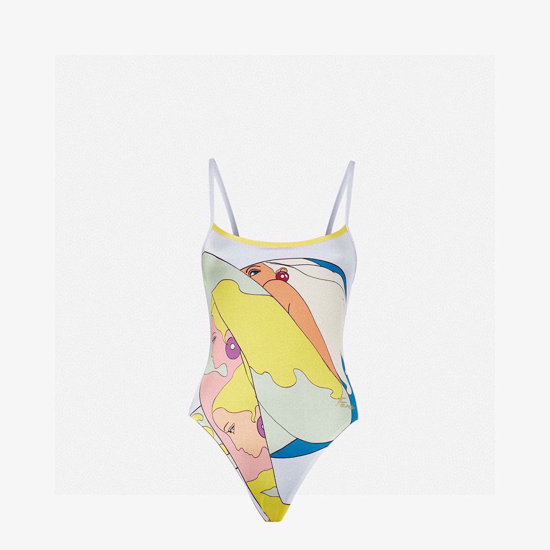 fend* new character girl hit color pattern double ff letter print cross halter strap one-piece swimsuit