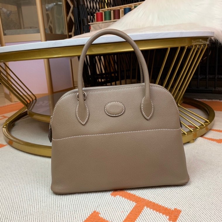 Bolide 27cm Imported original Epsom leather Half hand waxed stitching Elephant gray Silver buckle