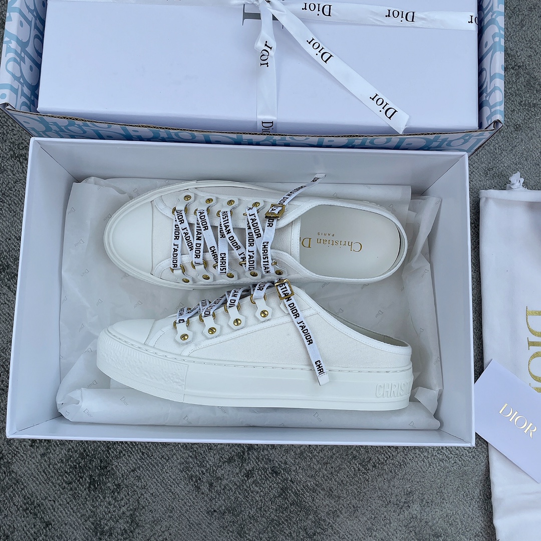 DIOR Canvas half slipper Water-dyed sheepskin lining TPU sole White canvas