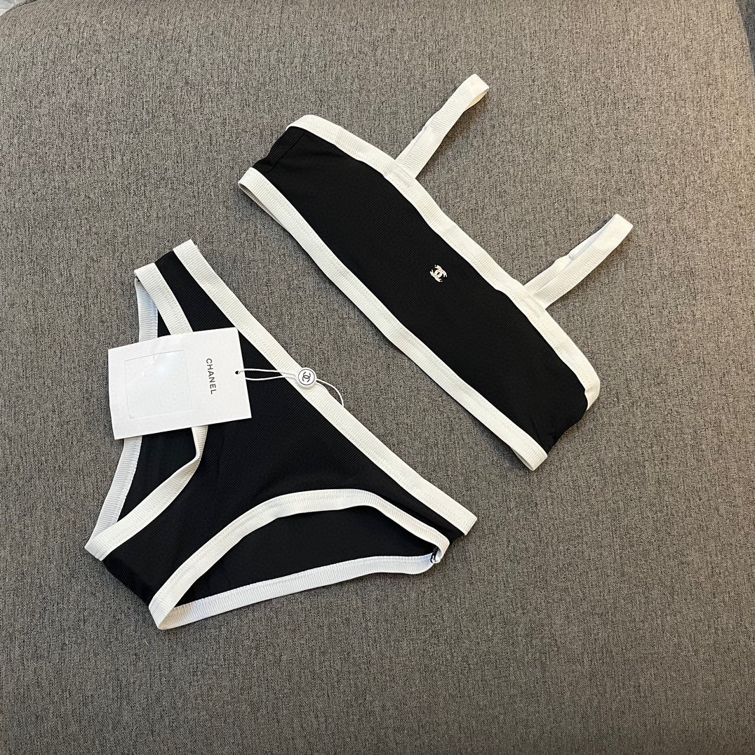 Chanel New Bikini Midi Set Petit Chanel Logo Wrap Tankini + Triangle Bottom Separate Swimsuit