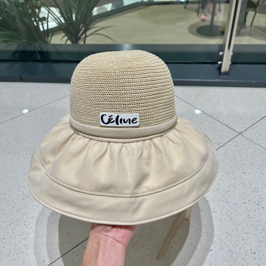 Celine summer new splicing large eaves sunshade fisherman hat outdoor sunscreen ice silk basin hat women