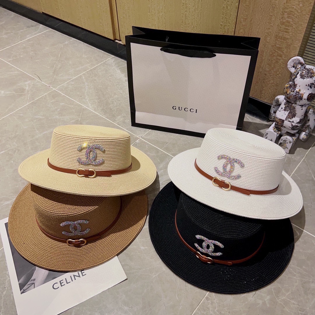 CHANEL big belt braided straw hat