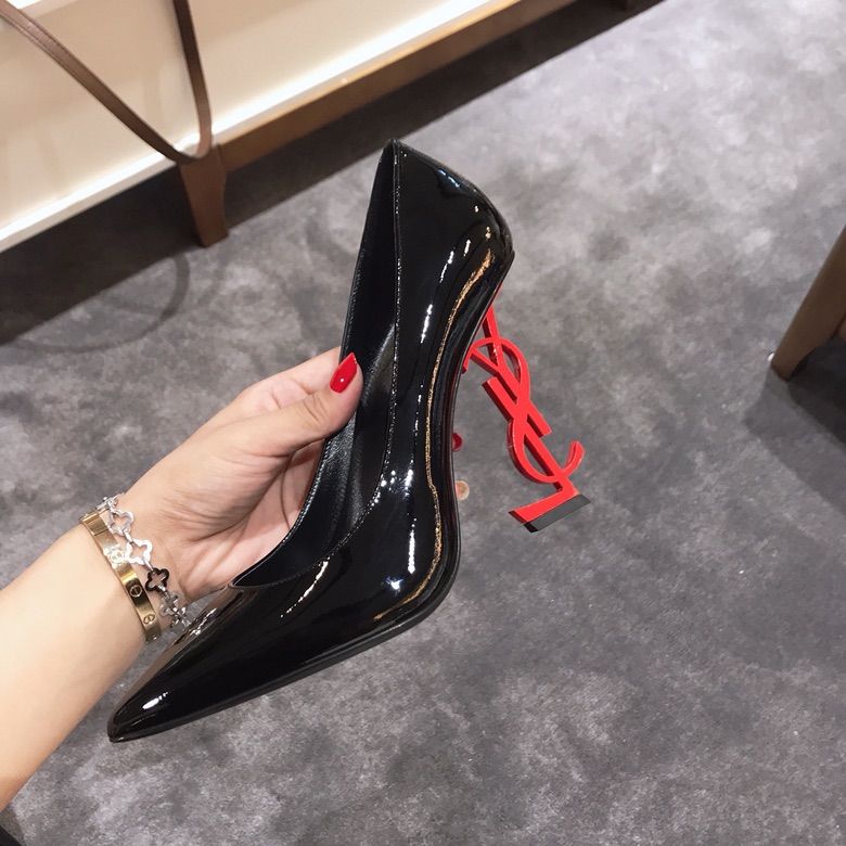 Saint Laurent classic model YSL logo heeled high heels using imported Italian cow patent leather