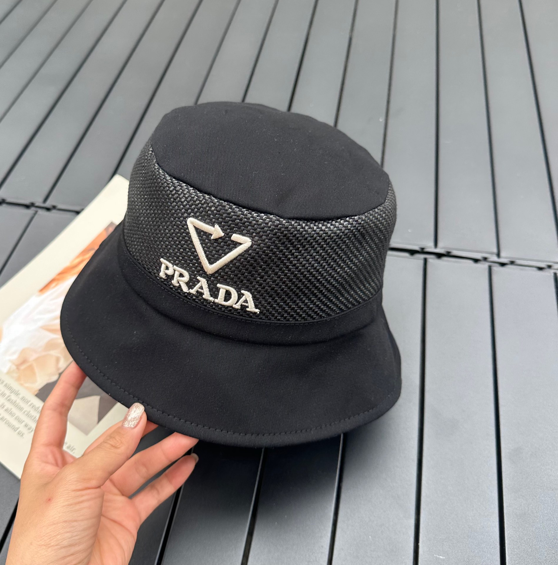 prada classic triangle bucket hat