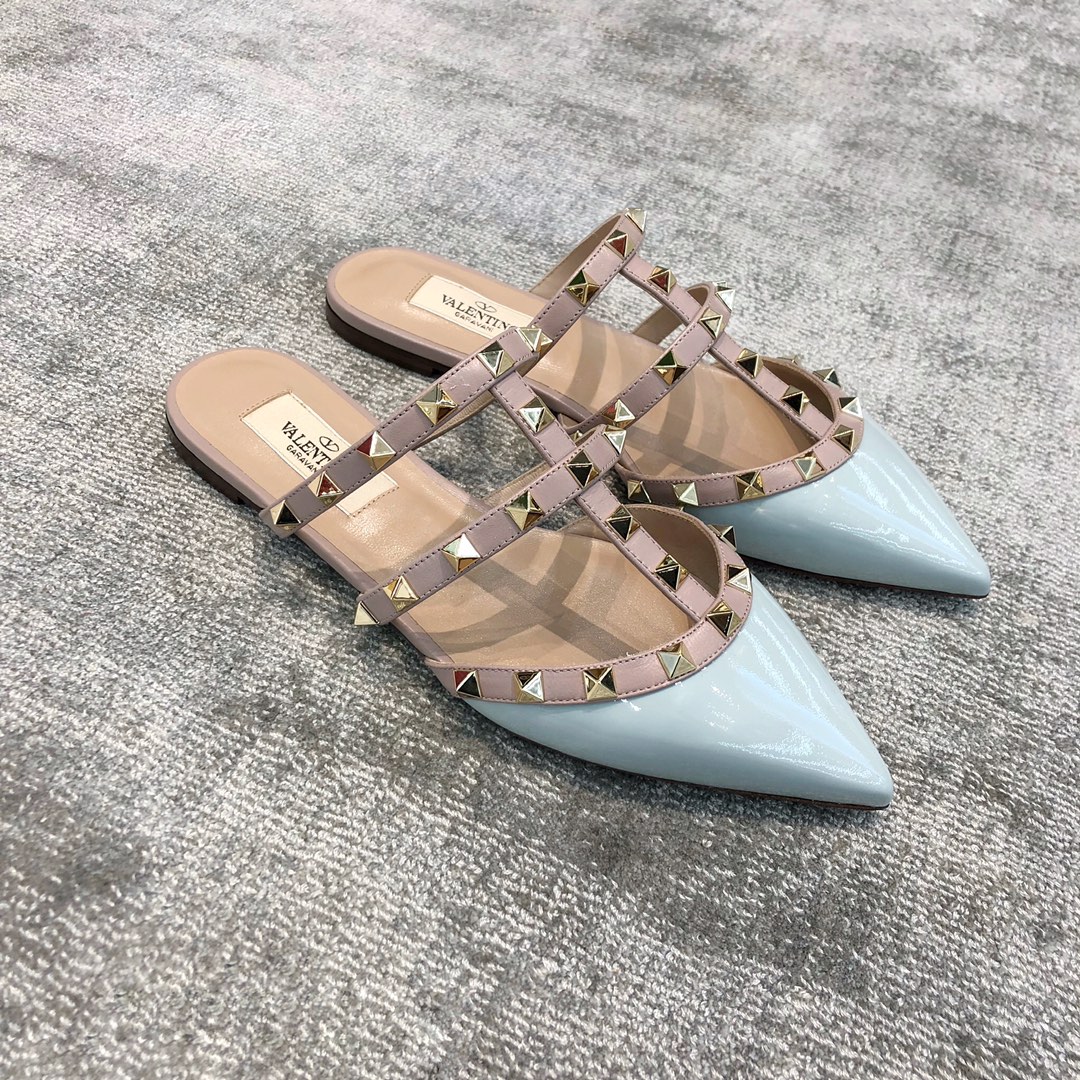 Valentino VT Collection Three Strap Flat Heel Slipper Patent Leather Blue