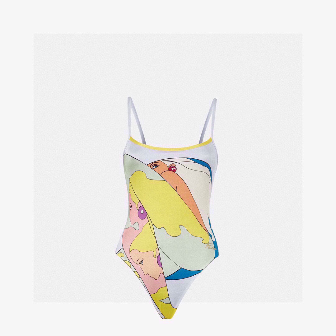 Fendi New character girl clash pattern double ff monogram print cross backless halter one piece swimming costume