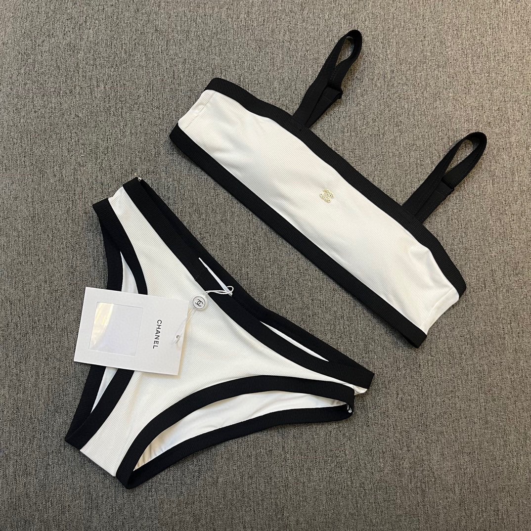 Chanel New Bikini Midi Set Petit Chanel Logo Wrap Tankini + Triangle Bottom Separate Swimsuit