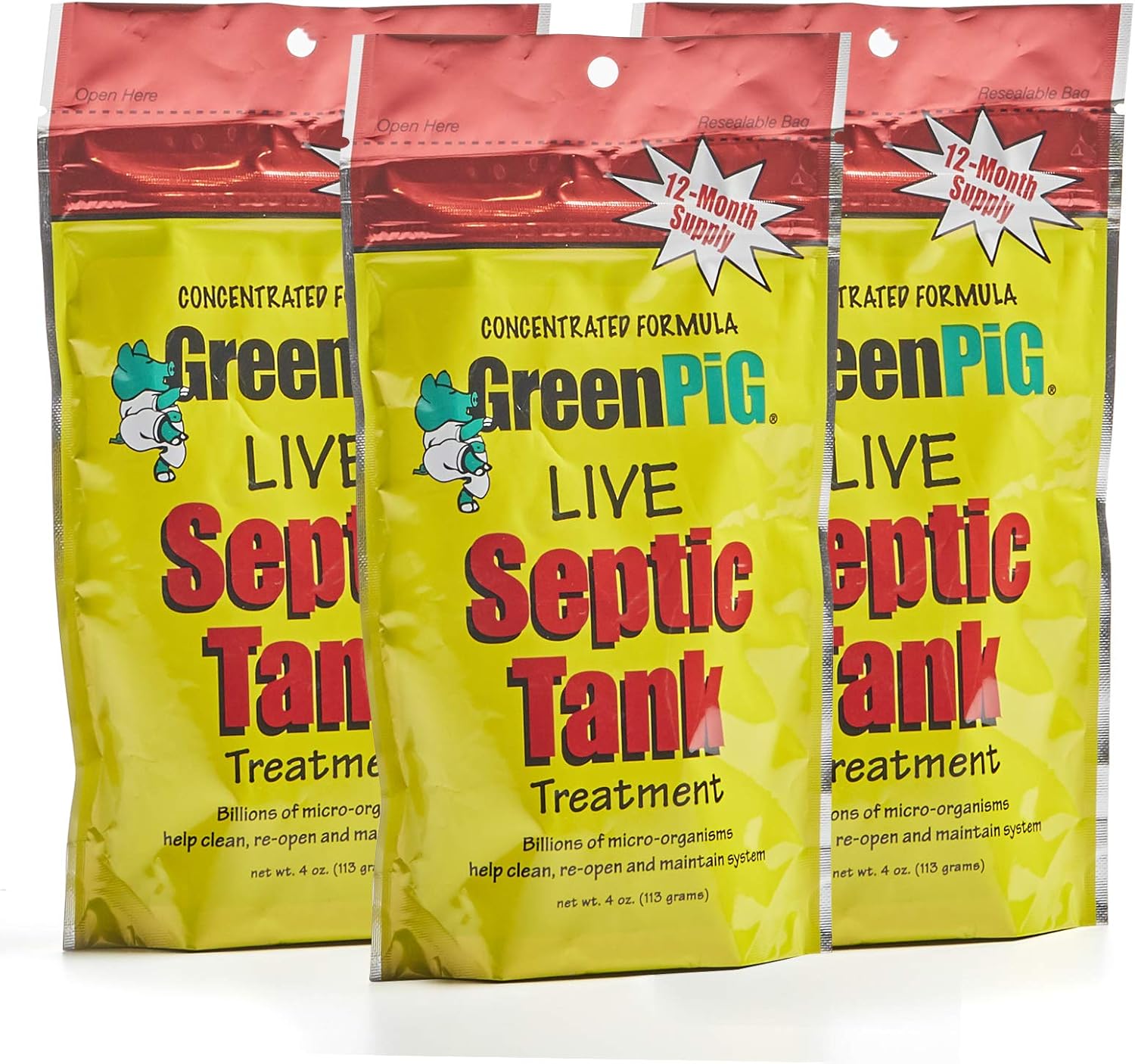 Green Pig 52 Live Septic Tank Treatment Ultimate Solution in Preventing Expensive Backups, Clogs, or Drain Field Failures with 4-Easy Drop-in and Flush, 1-Year Supply- 4 Packets, 4 Count