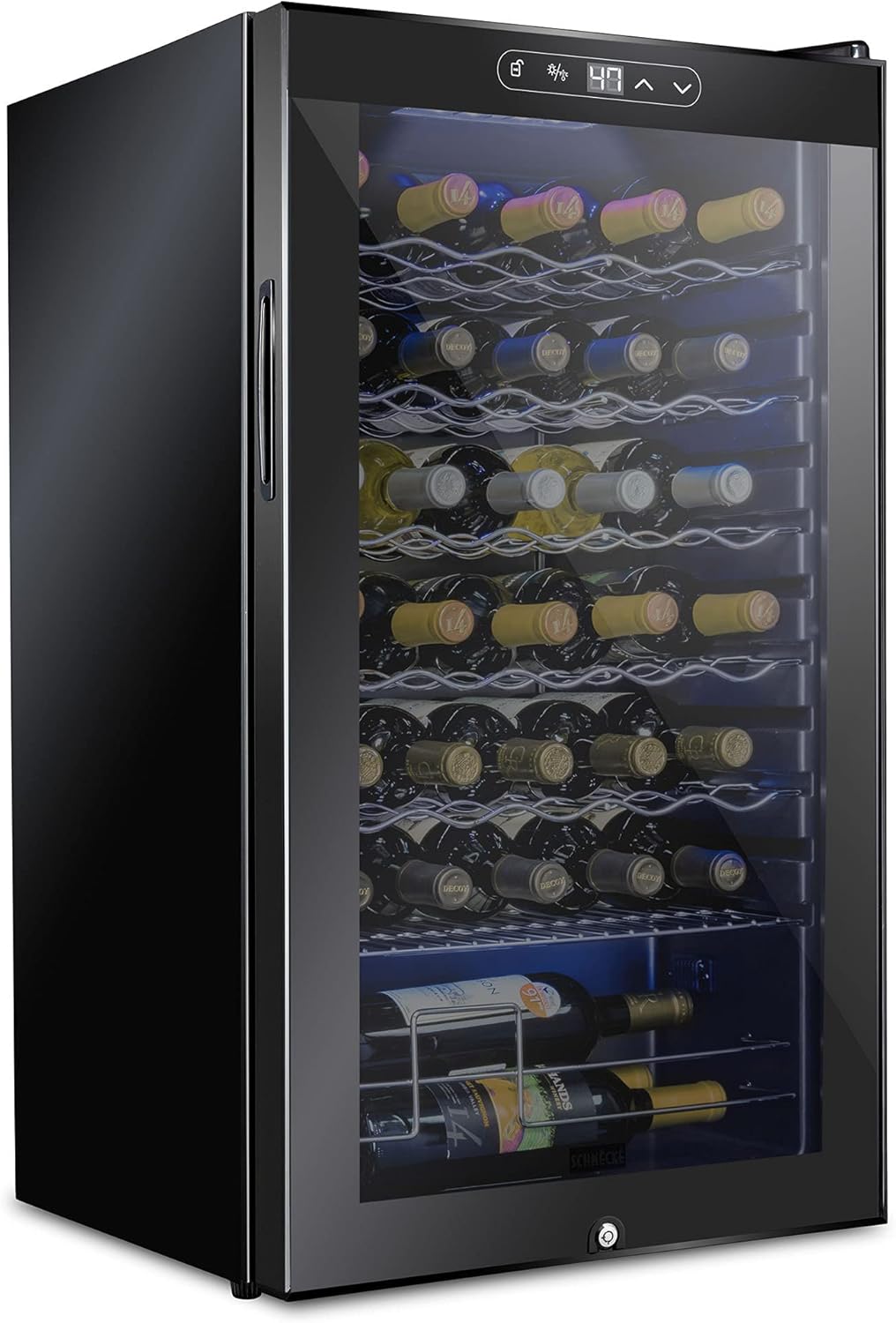 SCHMECKE 28 Bottle Compressor Wine Cooler Refrigerator w/Lock - Large Freestanding Wine Cellar - 41f-64f Digital Temperature Control Wine Fridge For Red, White, Champagne or Sparkling Wine - Black