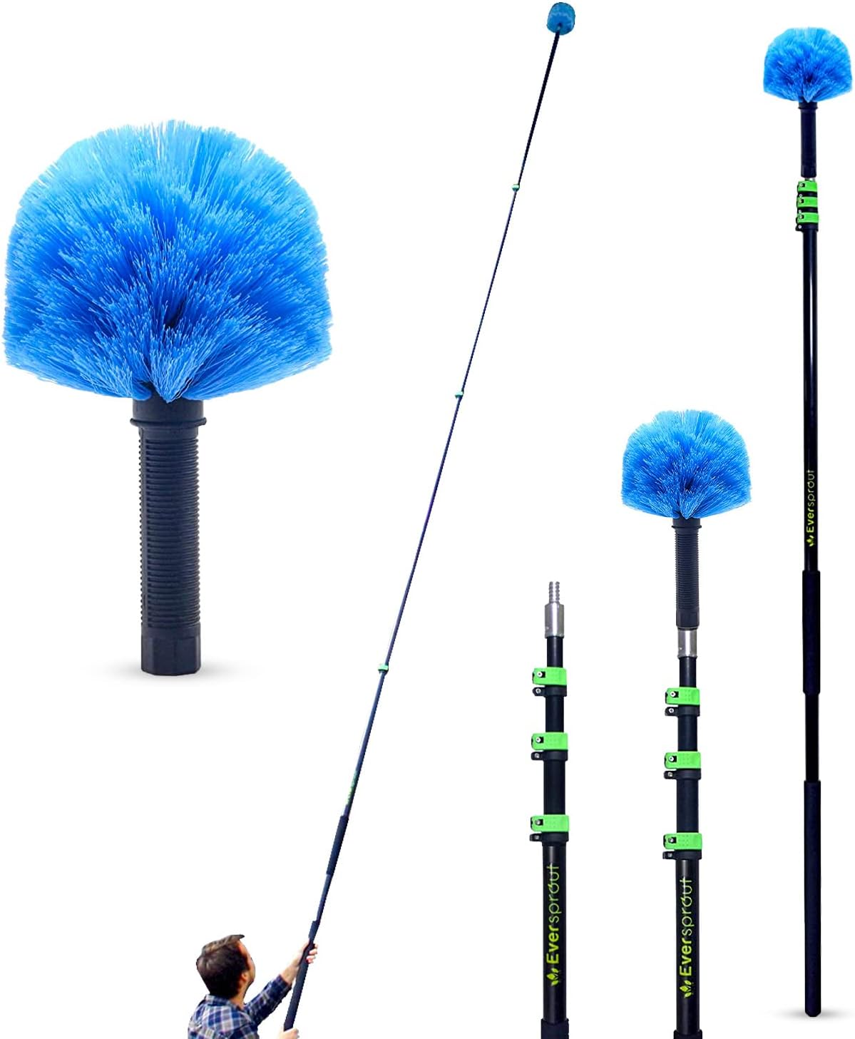 EVERSPROUT 5-to-12 Foot Cobweb Duster with Extension Pole Combo (20 Ft Reach, Medium-Stiff Bristles), Spider Web Brush with Pole - Hand-Packaged, Lightweight, 3-Stage Aluminum Pole