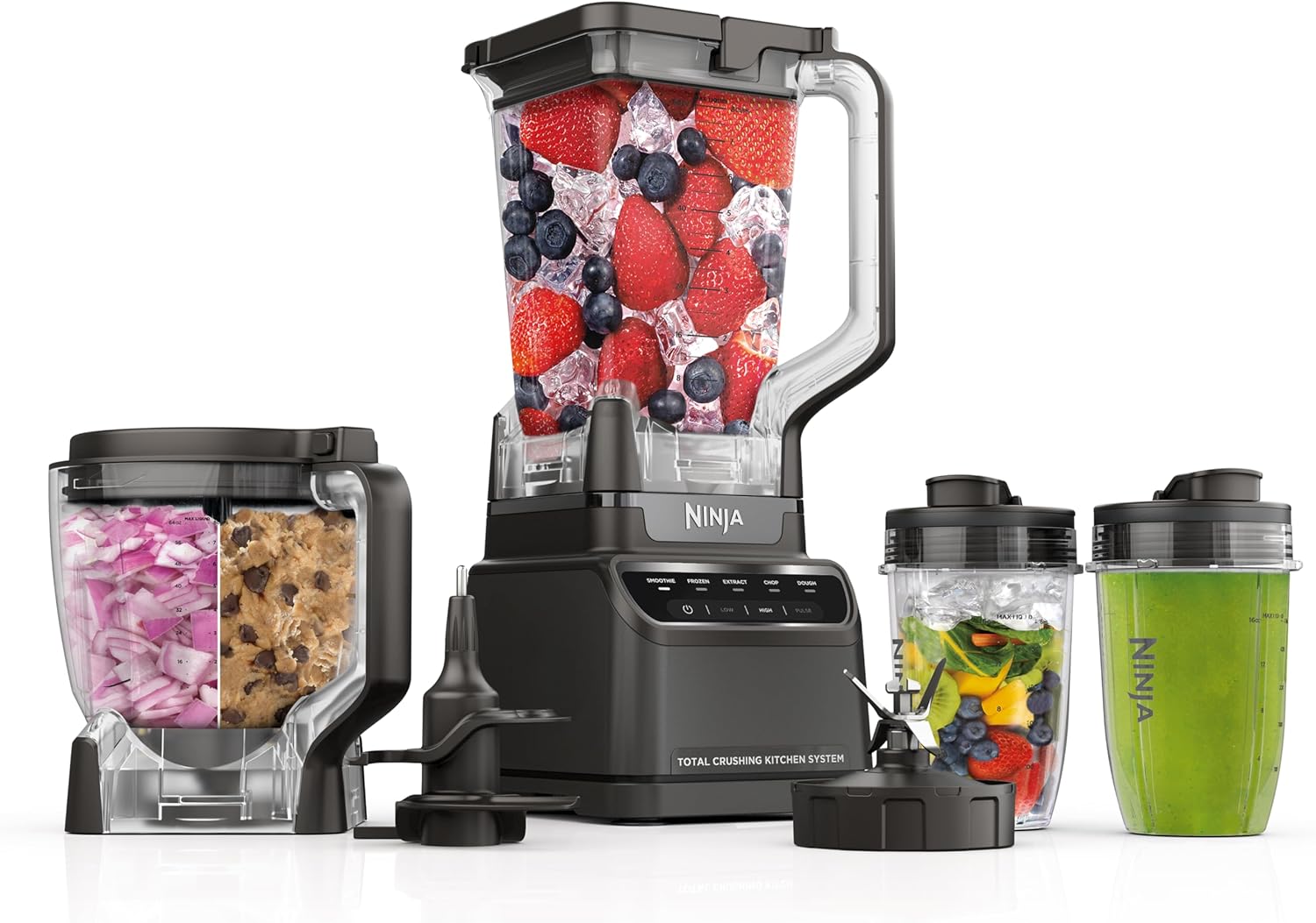 Ninja BL770 Mega Kitchen System, 1500W, 4 Functions for Smoothies, Processing, Dough, Drinks & More, with 72 Blender Pitcher, 64 Processor Bowl, (2) 16-oz. to-Go, Black, with 2 Nutri Cups + Lids