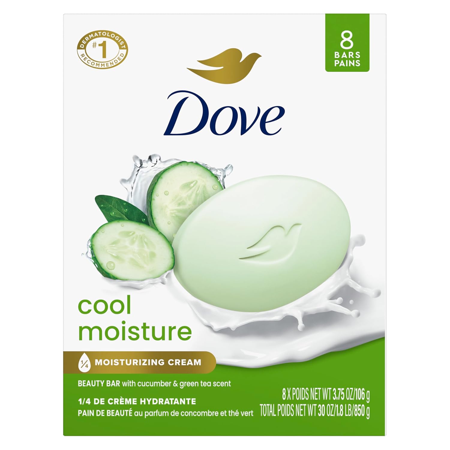 Dove Skin Care Beauty Bar For Softer Skin Cucumber and Green Tea More Moisturizing Than Bar Soap 3.75 oz, 14 Bars