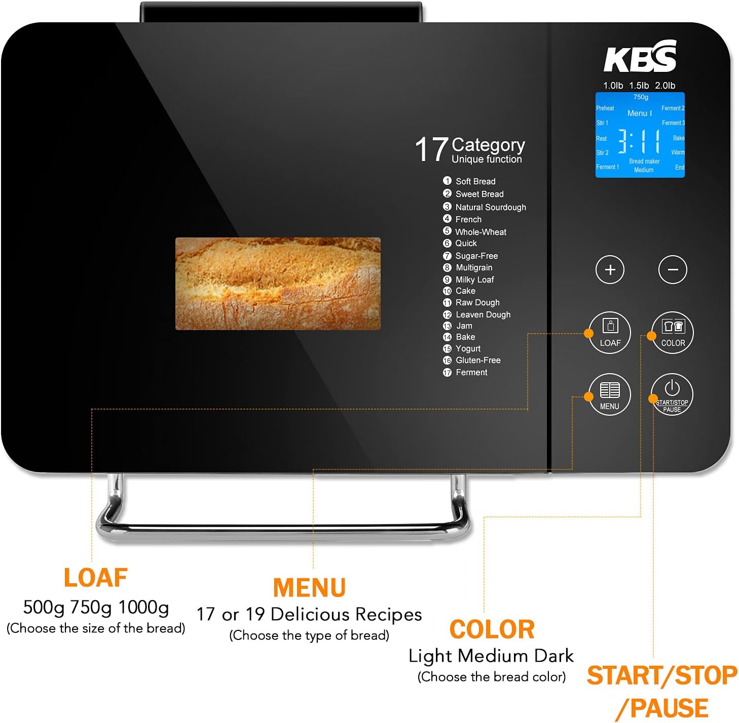 KBS Pro Stainless Steel Bread Machine, 2LB 17-in-1 Programmable XL Bread Maker with Fruit Nut Dispenser, Nonstick Ceramic Pan& Digital Touch Panel, 3 Loaf Sizes 3 Crust Colors, Reserve& Keep Warm Set