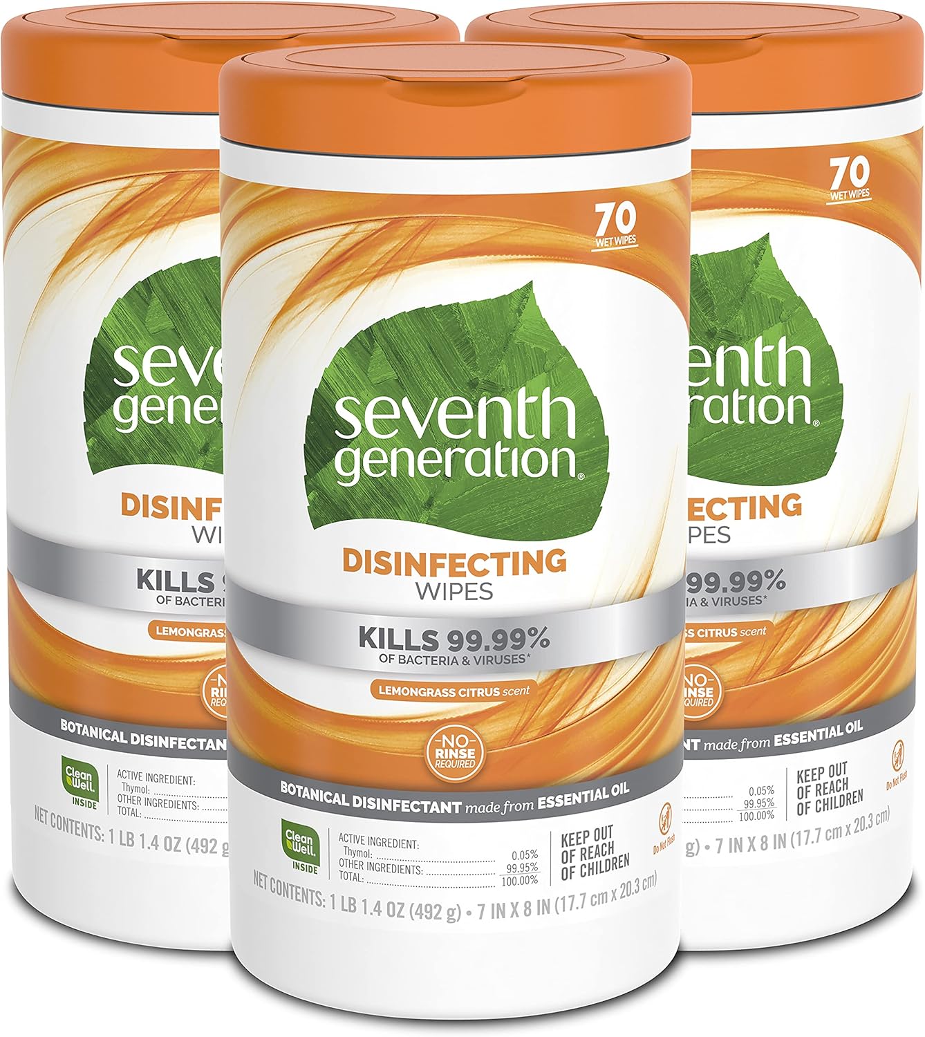 Seventh Generation Disinfecting Multi-Surface Wipes, Pack of 3, Lemongrass Citrus, 70 Count