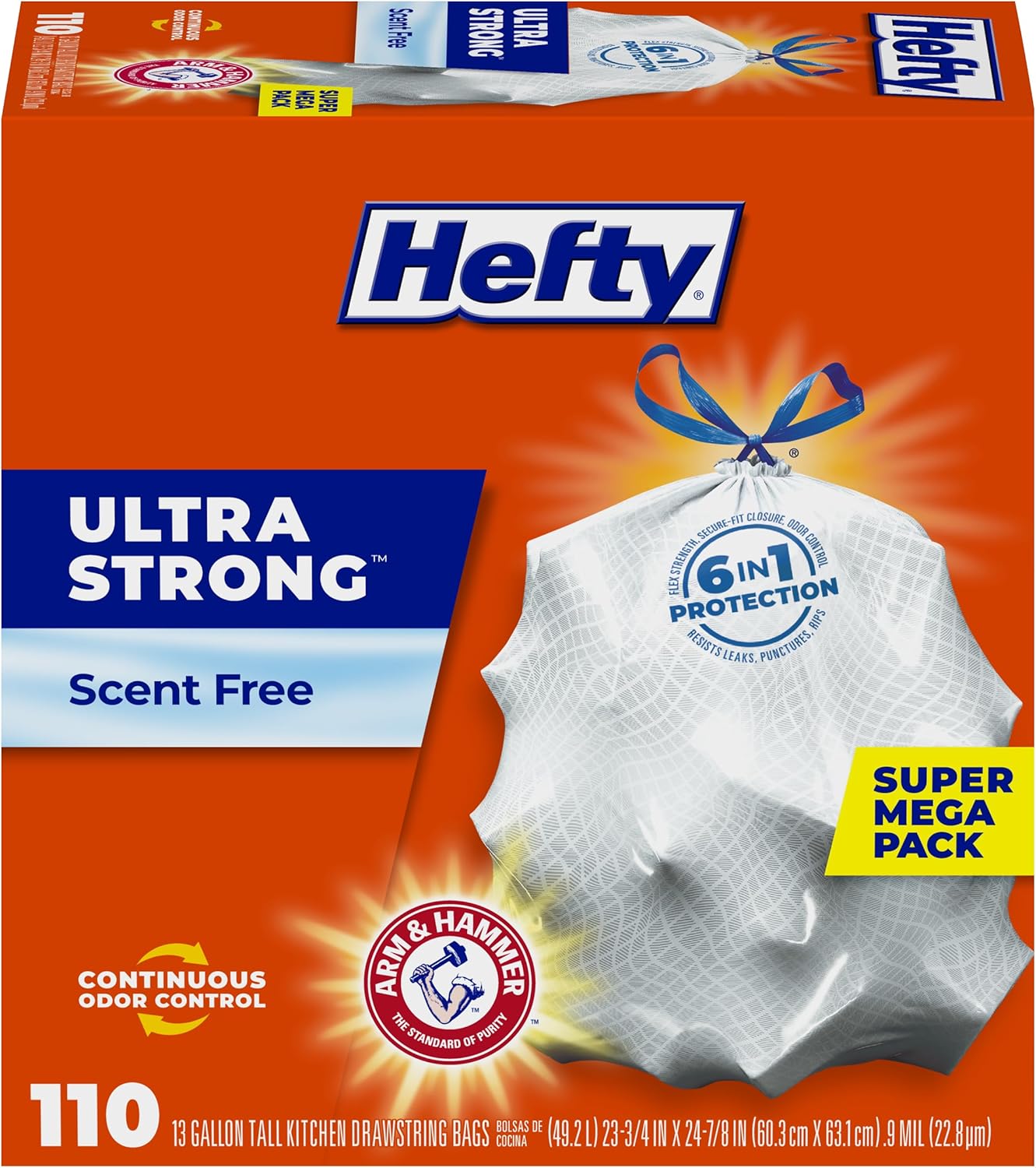 Hefty Ultra Strong Tall Kitchen Trash Bags, Unscented, 13 Gallon, (80 Count)