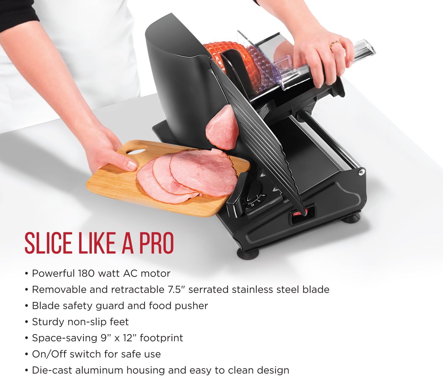 Chefman Electric Deli Slicer With Adjustable Slices, Stainless Steel Blades, Safe Feet - For Ham, Cheese, Bread, Fruit & Veggies