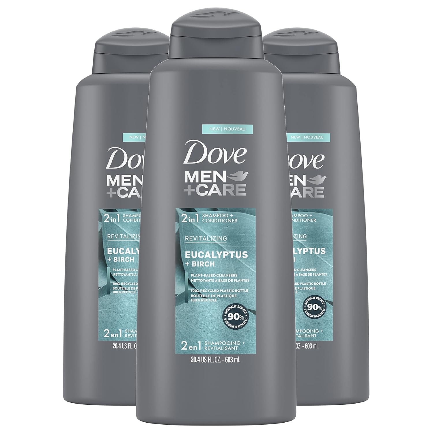 DOVE MEN + CARE 2 in 1 Shampoo & Conditioner Eucalyptus & Birch 4 Count For Healthy-Looking Hair Naturally Derived Plant Based Cleansers 12 oz