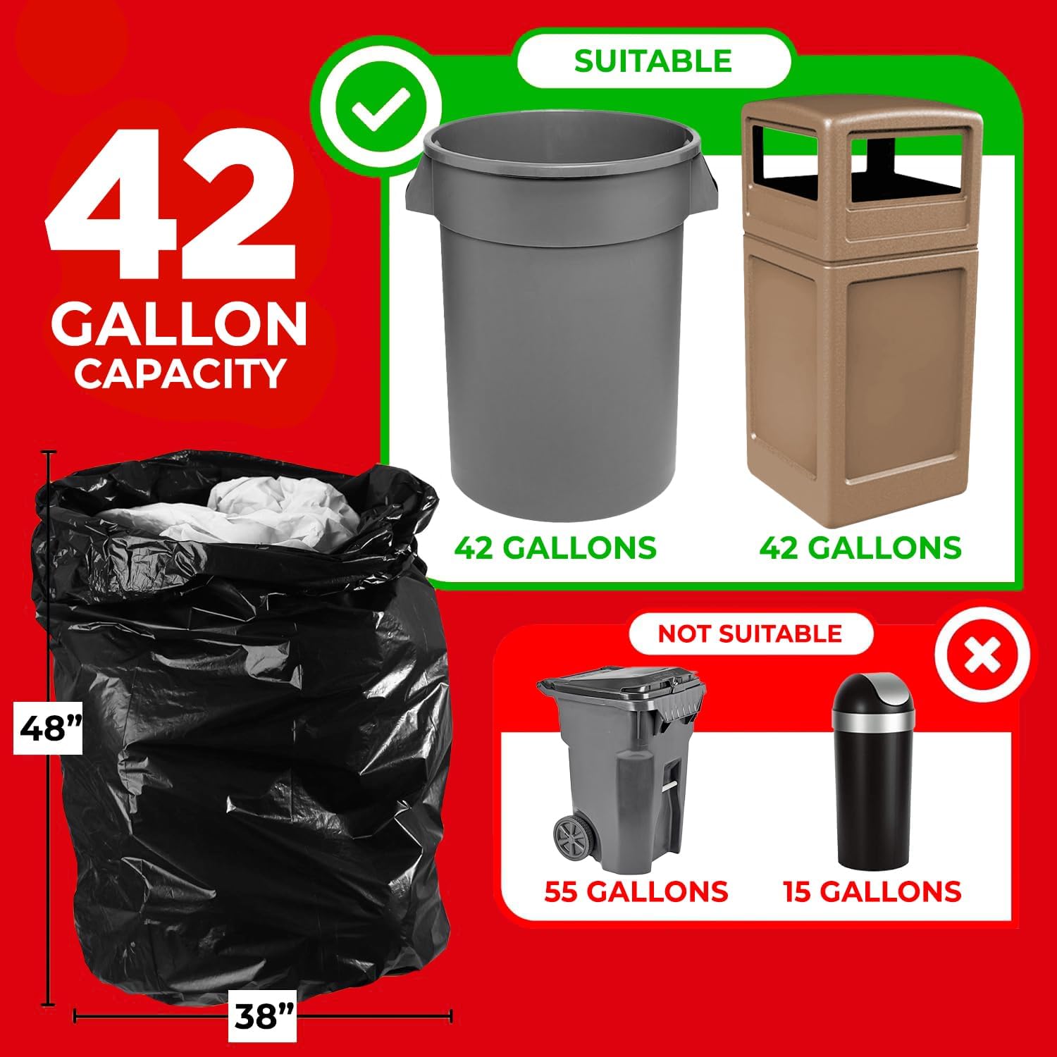 ToughBag 42 Gallon Trash Bags, 3 Mil Contractor Garbage Bags (50 COUNT) Heavy Duty Large Trash Can Liners, Black Garbage Bags, 38 x 48