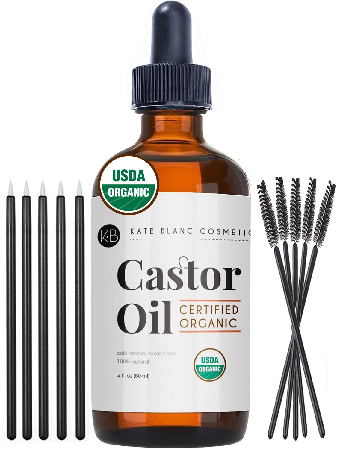 Kate Blanc Cosmetics Castor Oil Organic (2oz), 100% Pure, Cold Pressed, Hexane Free. Stimulate Growth for Hair, Eyelashes, Eyebrows. Hair Treatment Starter Kit & Skin Moisturizer