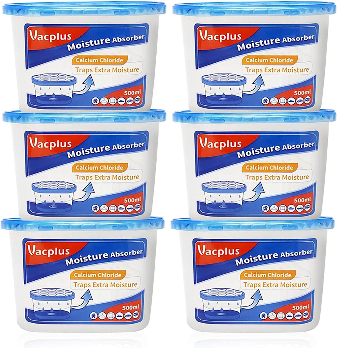 Vacplus Moisture Absorbers 6 Pack, 10.5 Oz Portable Humidity Absorber Boxes for Your Bathroom, Closet & Car, Dehumidifier and Odor Eliminator with Fragrance Free for Fresher Air, Navy Blue