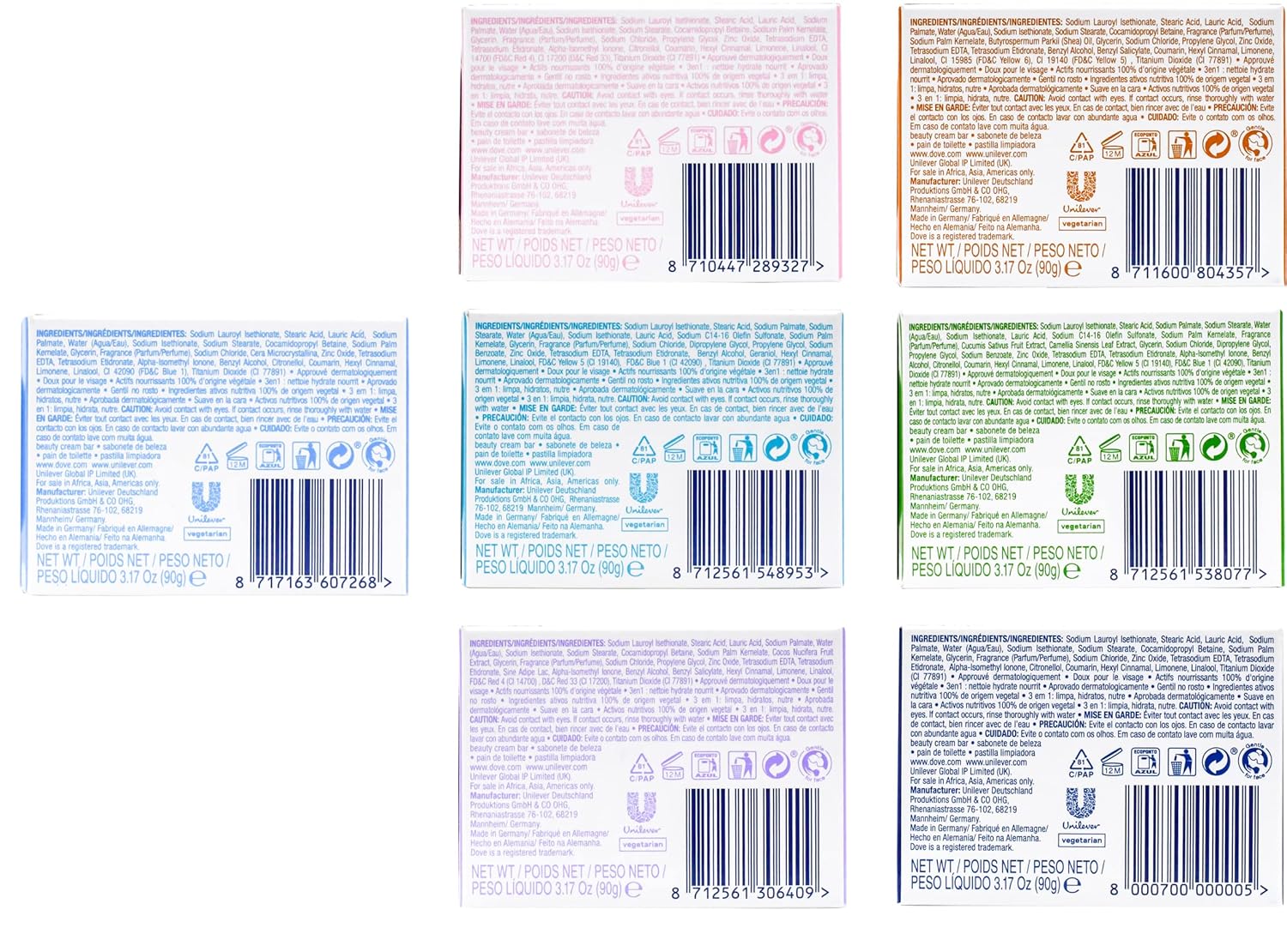 Dove, Beauty Bar Soap Variety Pack of 14, Go Fresh, Shea Butter, Coconut Milk, White, Pampering, Restoring, Exfoliating - 90g (7 Scents, 2 of Each)