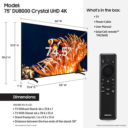 [2025 Best Choice + Free Shipping]SAMSUNG 75-Inch Class 4K Crystal UHD DU8000 Series HDR Smart TV w/Object Tracking Sound Lite, Motion Xcelerator, Ultra Slim Design, Gaming Hub, Alexa Built-in (UN75DU8000, 2024 Model)