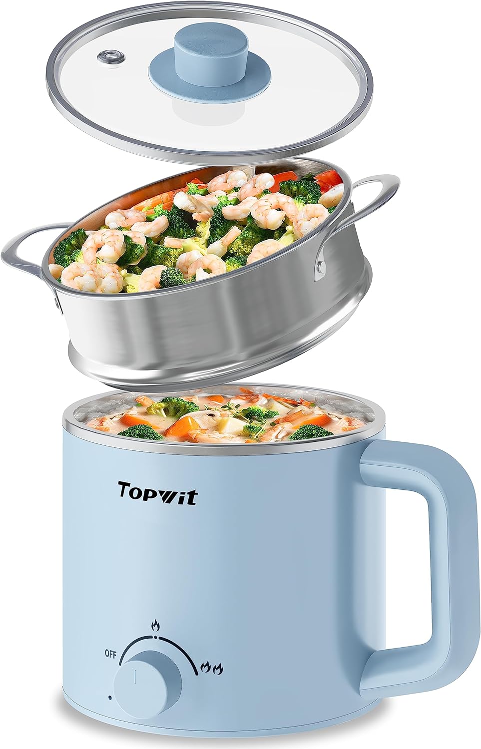 Topwit Hot Pot Electric, Electric Pot, 1.6L Ramen Cooker, Multifunctional Electric Cooker for Pasta, Shabu-Shabu, Oatmeal, Soup and Egg with Over-Heating Protection, Boil Dry Protection, Blue