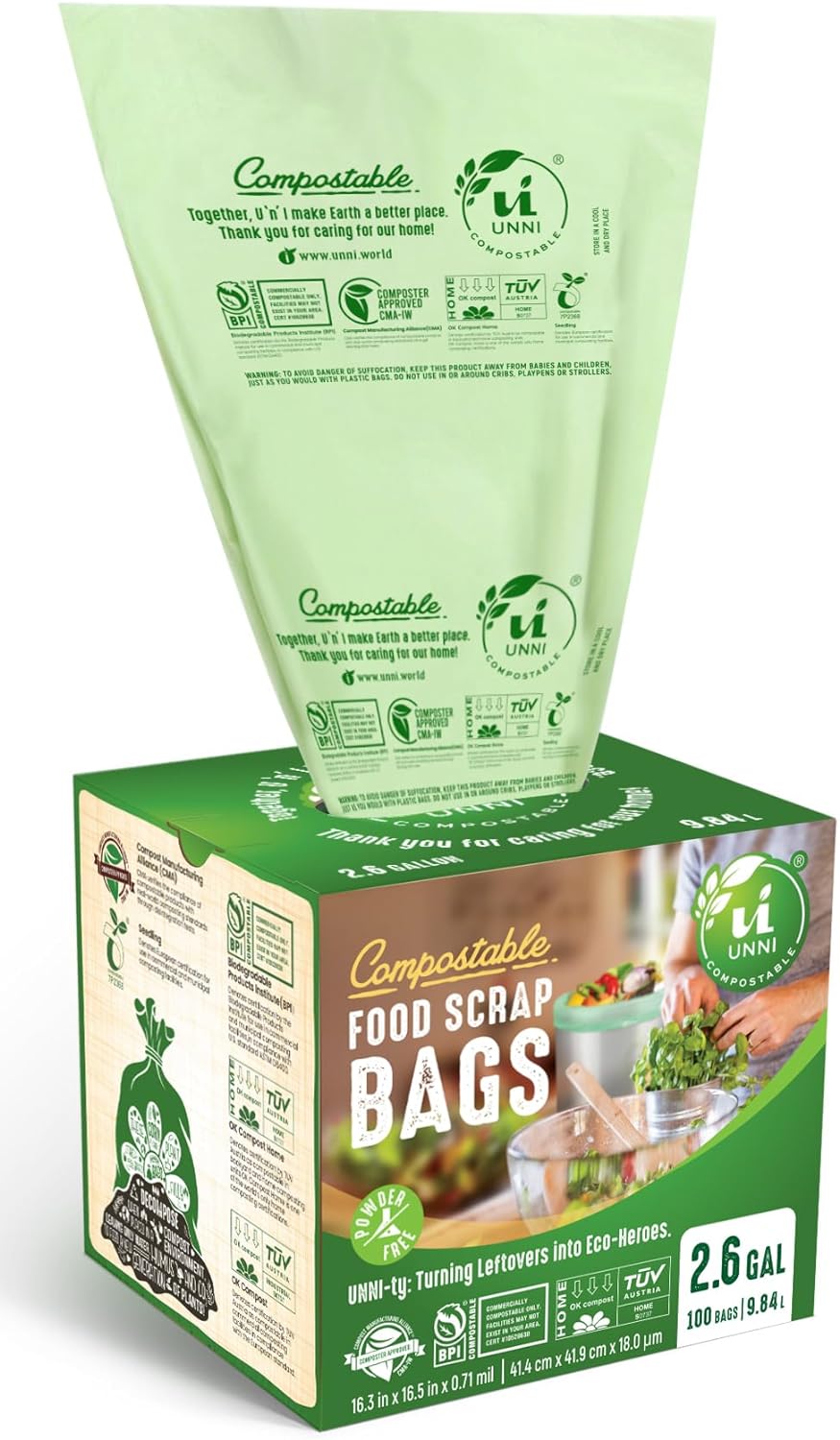 UNNI Compostable Liner Bags, 2.6 Gallon, 9.84 Liter, 100 Count, Extra Thick 0.71 Mil, Small Kitchen Food Scrap Waste Bags, ASTM D6400, US BPI, CMA & Europe OK Compost Home Certified, San Francisco