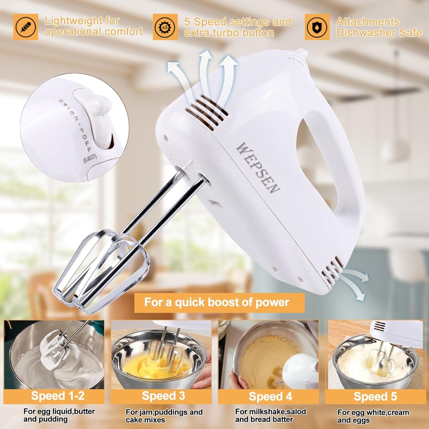 Hand Mixer Electric Mixing Bowls Set, 5 Speeds Handheld Mixer with 4 Nesting Stainless Steel Mixing Bowl, Measuring Cups Spoons 200W Kitchen Blender Whisk Beater Baking Supplies For Beginner