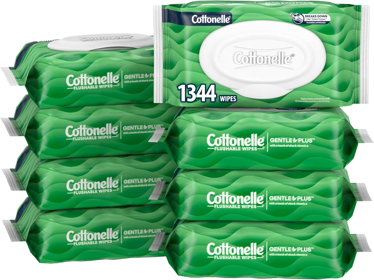 Cottonelle GentlePlus Flushable Wet Wipes with Aloe & Vitamin E, 6 Flip-Top Packs, 42 Wipes Per Pack (252 Total Wipes), Packaging May Vary