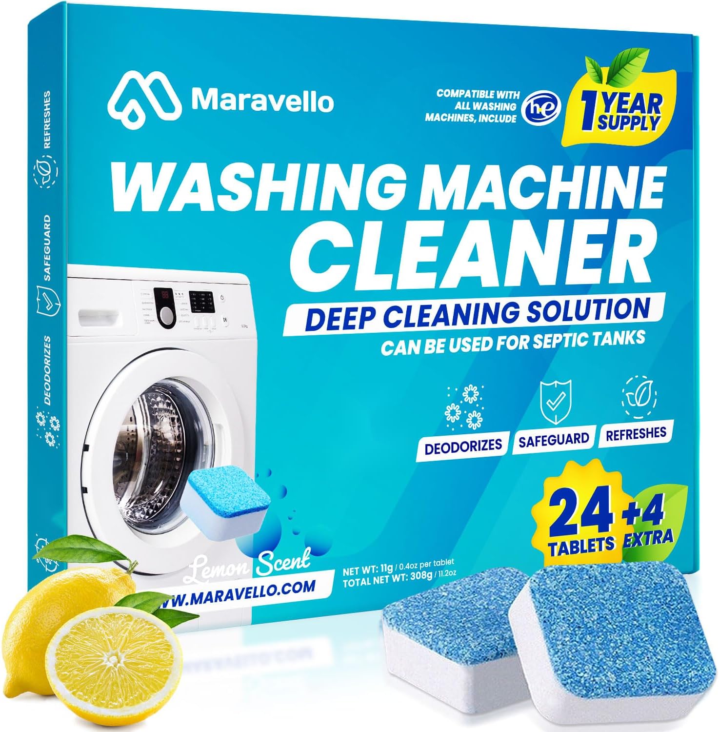 Maravello Washing Machine Cleaner Descaler Tablets Washing Machine Cleaning Tablets - for Front Load and Top Load Washers, Mold and Stain Remover for Laundry Tub 6-Month Supply (Sea Salt, 6 Count)
