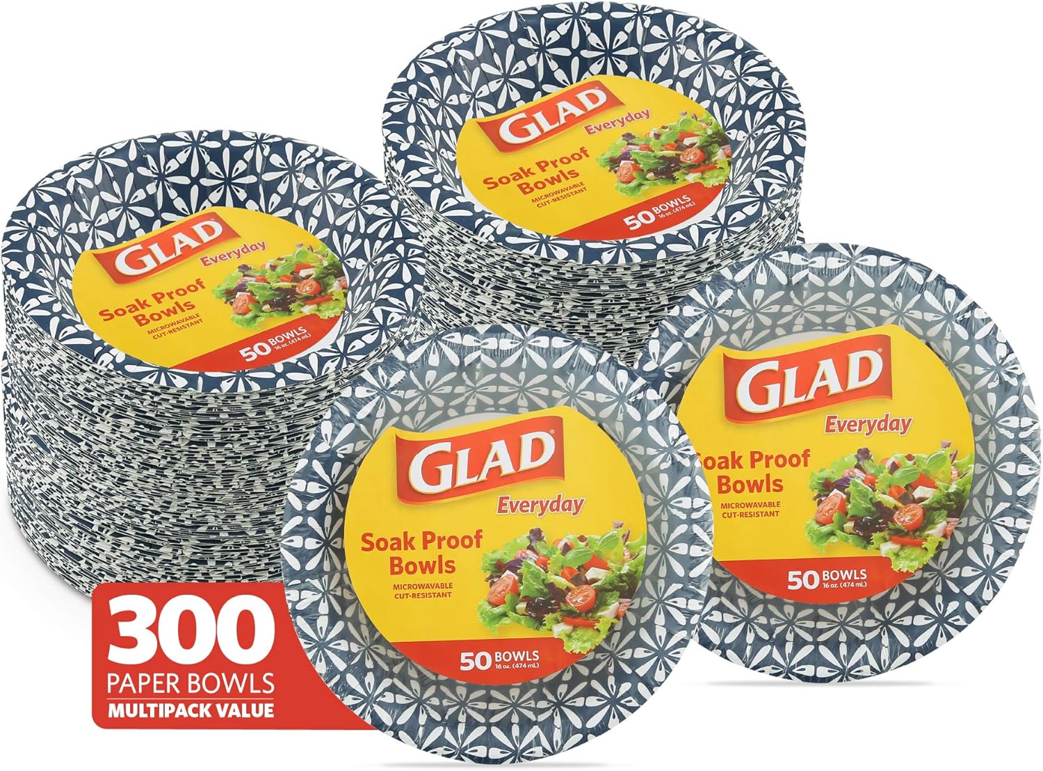 Glad 16 oz Paper Bowls With Daisy Design | Disposable Paper Bowls for Parties and Picnics Daisy Print | Microwave Safe Disposable Paper Bowls for Everyday Use, 16 Oz Blue Mosaic