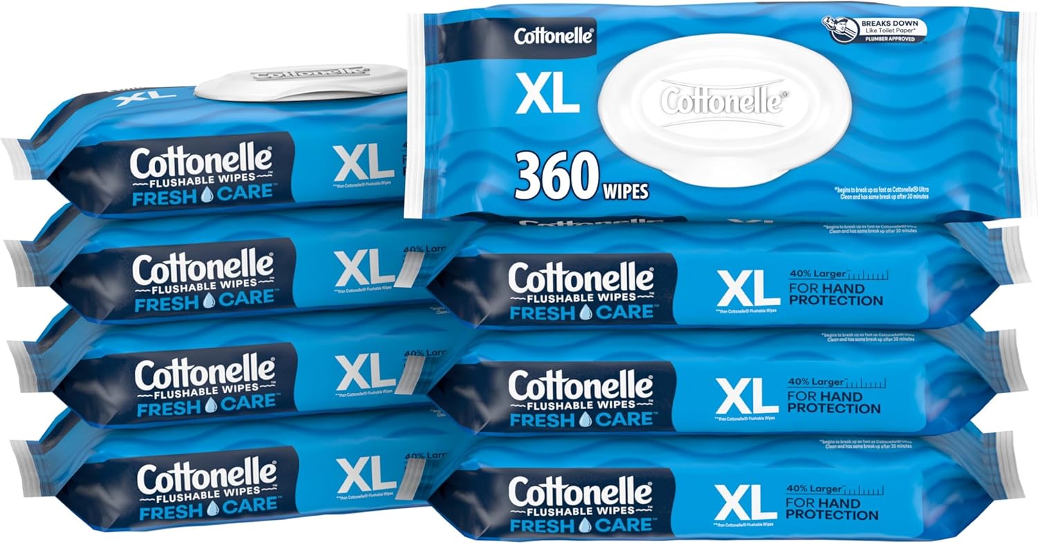 Cottonelle XL Flushable Wet Wipes, Adult Wipes Large, 8 Flip-Top Packs, 45 Wipes Per Pack (360 Total Wipes), Packaging May Vary