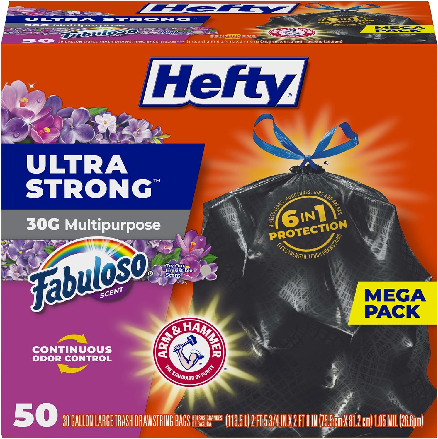 Hefty Ultra Strong 30 Gallon Trash Bags, Black Large Trash Bags 30 Gallon Size, Multipurpose, Break Resistant Drawstring Closure, Resists Leaks, Punctures, and Tears, Black, Fabuloso Scent, 50 Bags