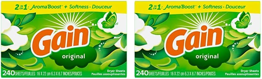 Gain Dryer Sheets, 240 Count, Original Scent Laundry Fabric Softener Sheets with 2-in-1 Aromaboost Plus Softness