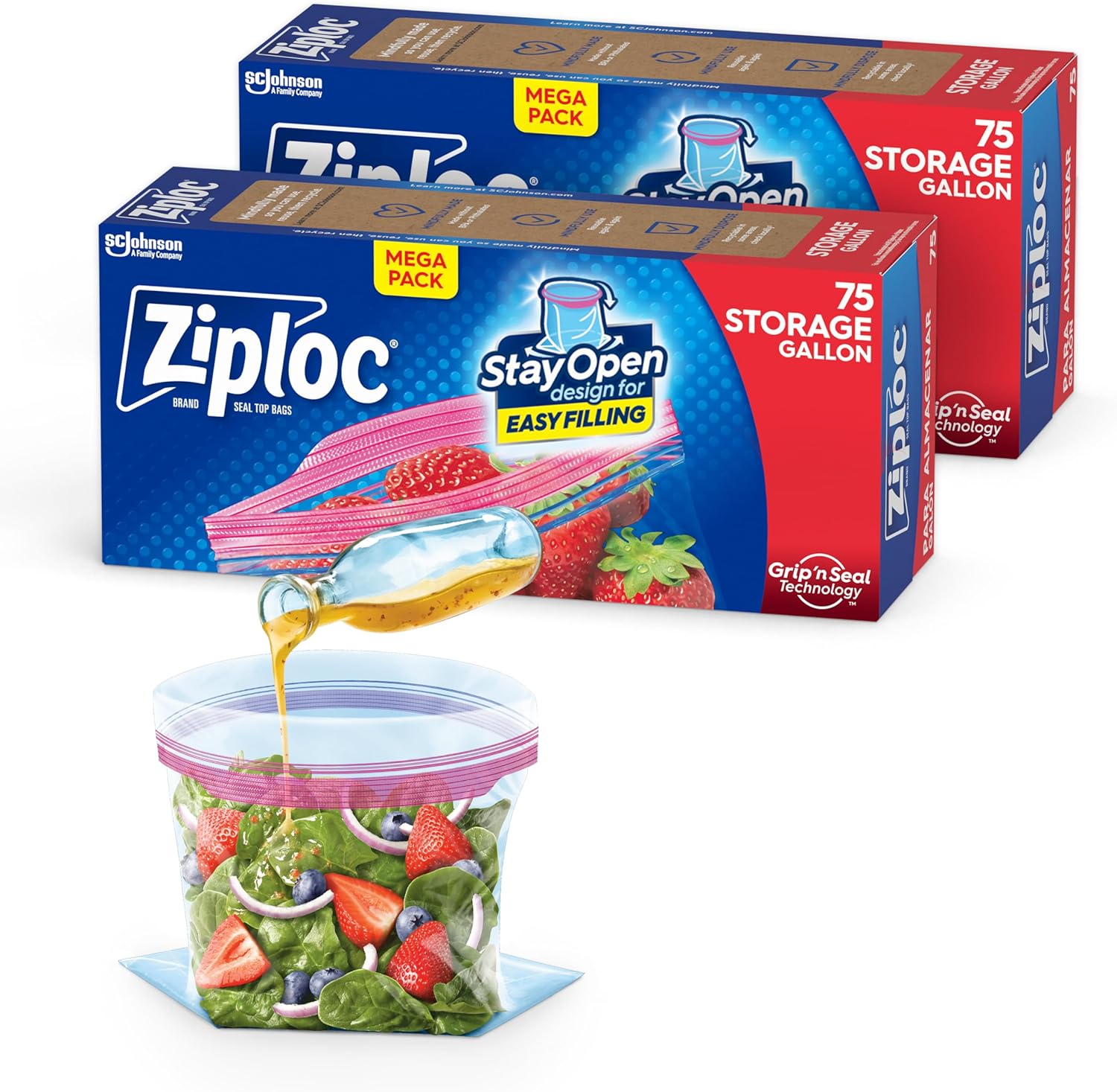 Ziploc Gallon Food Storage Bags, Stay Open Design with Stand-Up Bottom, Easy to Fill, 75 Count