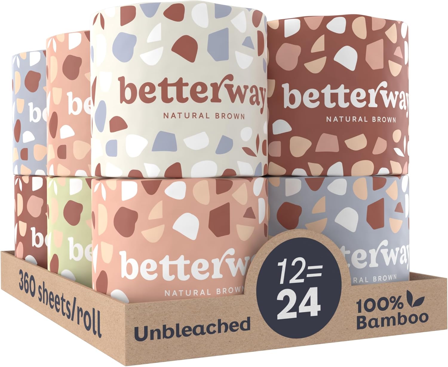 Betterway Bamboo Toilet Paper 3 Ply - Sustainable Toilet Tissue - 12 Double Rolls & 360 Sheets Per Roll - Septic Safe - Organic, Plastic Free - FSC Certified