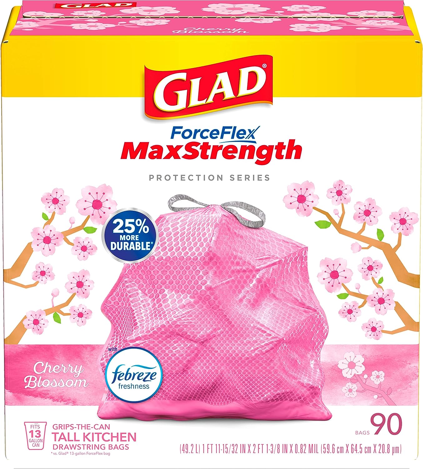 Glad ForceFlex MaxStrength Tall Kitchen Drawstring Trash Bags, 13 Gallon, Cherry Blossom with Febreze Freshness, 90 Count