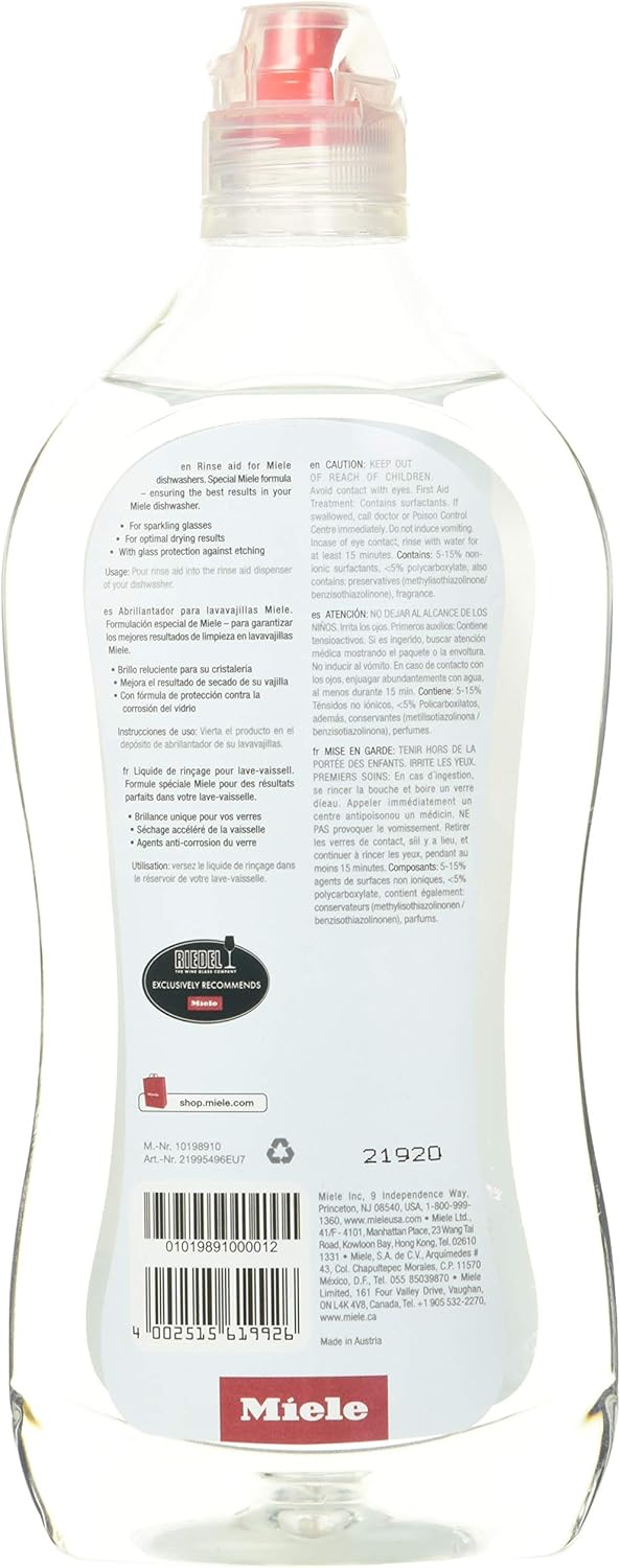 Miele Original Dishwasher Rinse Aid, for Optimal Drying and Sparkling Finish with Glass Protection Formula, 17 oz